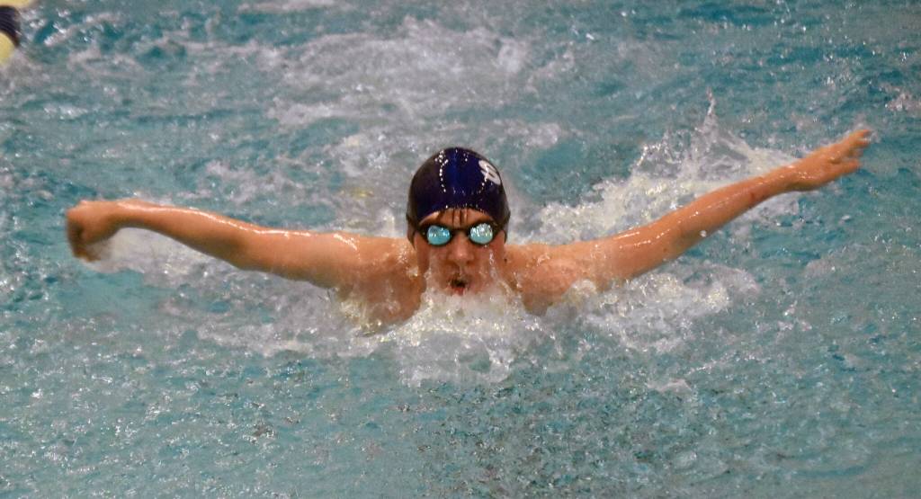 Soldotnas Dwight Brown competes in the 100-yard individual medley in the SoHi Pentathlon on Friday, Oct. 11, 2024, at Soldotna High School in Soldotna, Alaska. (Photo by Jeff Helminiak/Peninsula Clarion)
