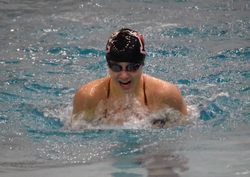 Kenai Centrals Sierra Hershberger competes in the 100-yard individual medley in the SoHi Pentathlon on Friday, Oct. 11, 2024, at Soldotna High School in Soldotna, Alaska. (Photo by Jeff Helminiak/Peninsula Clarion)