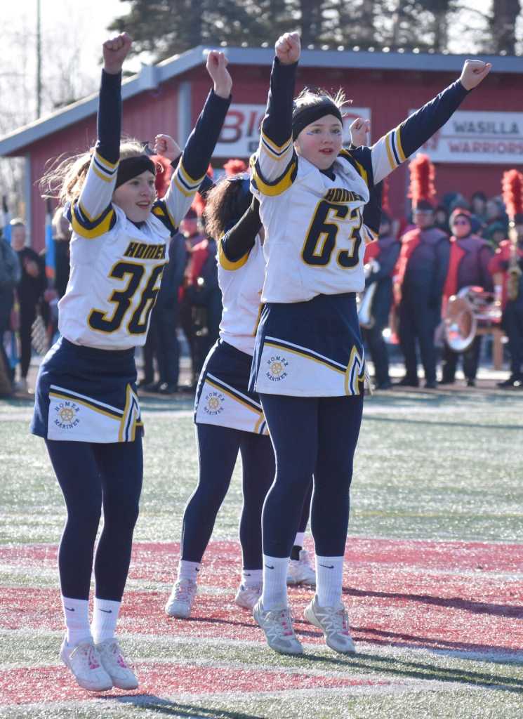 The Homer cheerleaders perform Saturday, Oct. 19, 2024, in the Division III First National Bowl at Veterans Memorial Field at Wasilla High School in Wasilla, Alaska. (Photo by Jeff Helminiak/Peninsula Clarion)
