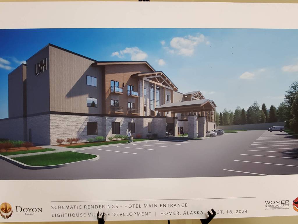 A schematic rendering of the hotel main entrance in Doyon, Limiteds revised Lighthouse Village redevelopment design is on display during a special Planning Commission meeting on Wednesday, Oct. 16, 2024, in the Homer City Hall Cowles Council Chambers in Homer, Alaska. (Delcenia Cosman/Homer News)