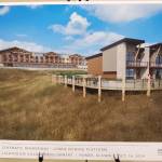 A schematic rendering of the proposed lower viewing platform in Doyon, Limiteds revised Lighthouse Village redevelopment design is on display during a special Planning Commission meeting on Wednesday, Oct. 16, 2024, in the Homer City Hall Cowles Council Chambers in Homer, Alaska. (Delcenia Cosman/Homer News)