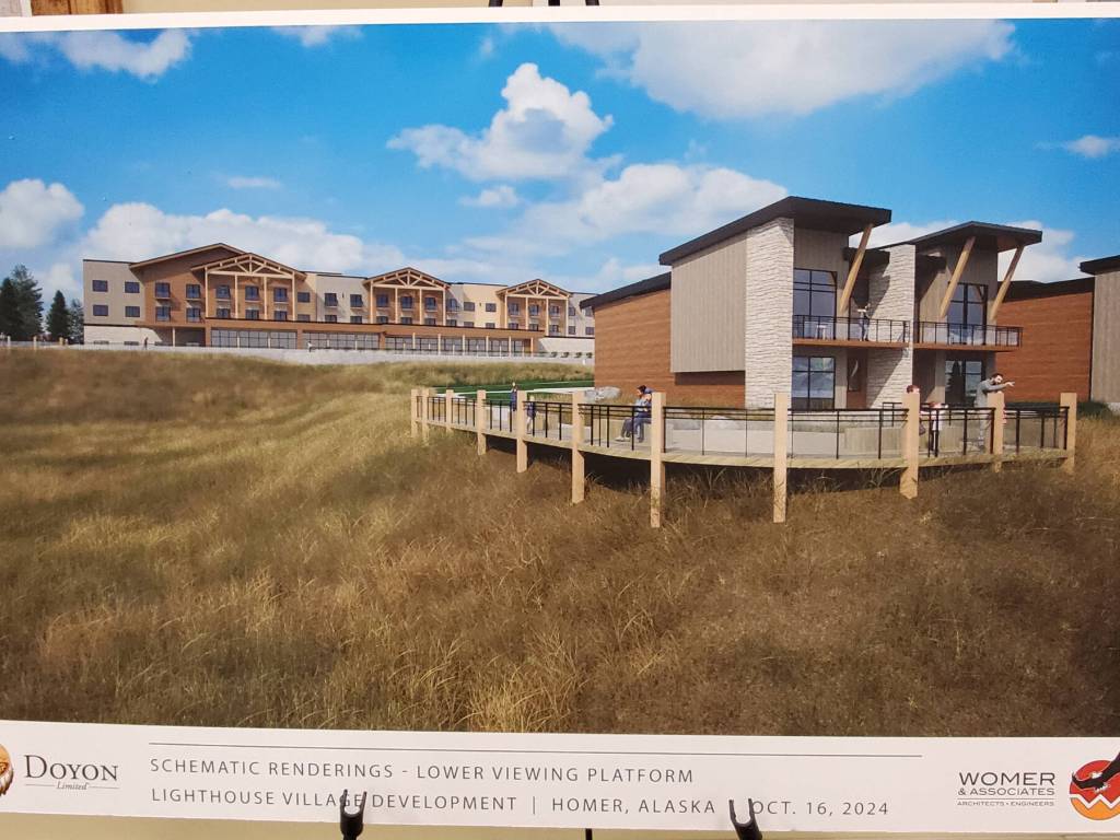 A schematic rendering of the proposed lower viewing platform in Doyon, Limiteds revised Lighthouse Village redevelopment design is on display during a special Planning Commission meeting on Wednesday, Oct. 16, 2024, in the Homer City Hall Cowles Council Chambers in Homer, Alaska. (Delcenia Cosman/Homer News)