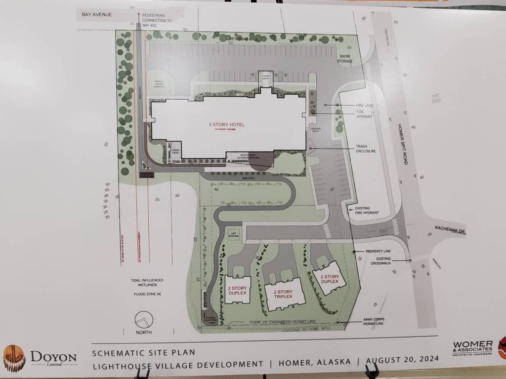 A schematic site plan of Doyon, Limiteds revised Lighthouse Village redevelopment design is on display during a special Planning Commission meeting on Wednesday, Oct. 16, 2024, in the Homer City Hall Cowles Council Chambers in Homer, Alaska. (Delcenia Cosman/Homer News)