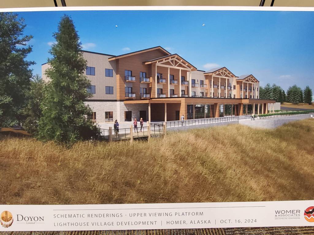 A schematic rendering of the proposed upper viewing platform in Doyon, Limiteds revised Lighthouse Village redevelopment design is on display during a special Planning Commission meeting on Wednesday, Oct. 16, 2024, in the Homer City Hall Cowles Council Chambers in Homer, Alaska. (Delcenia Cosman/Homer News)