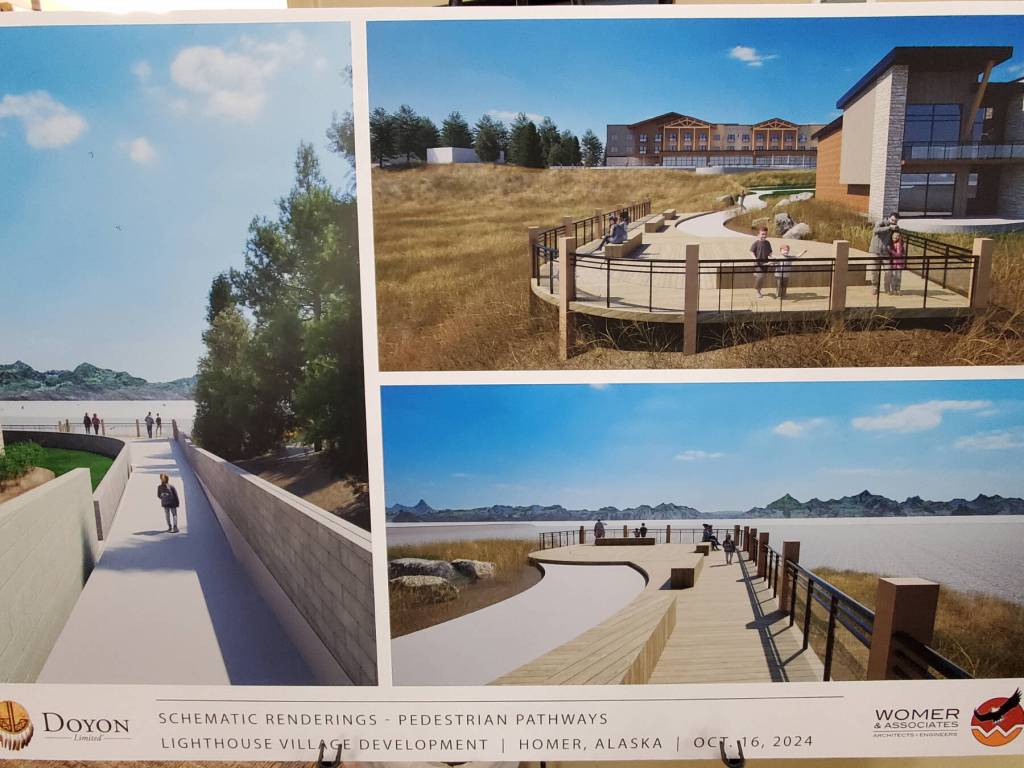 A schematic rendering of the proposed pedestrian pathways in Doyon, Limiteds revised Lighthouse Village redevelopment design is on display during a special Planning Commission meeting on Wednesday, Oct. 16, 2024, in the Homer City Hall Cowles Council Chambers in Homer, Alaska. (Delcenia Cosman/Homer News)