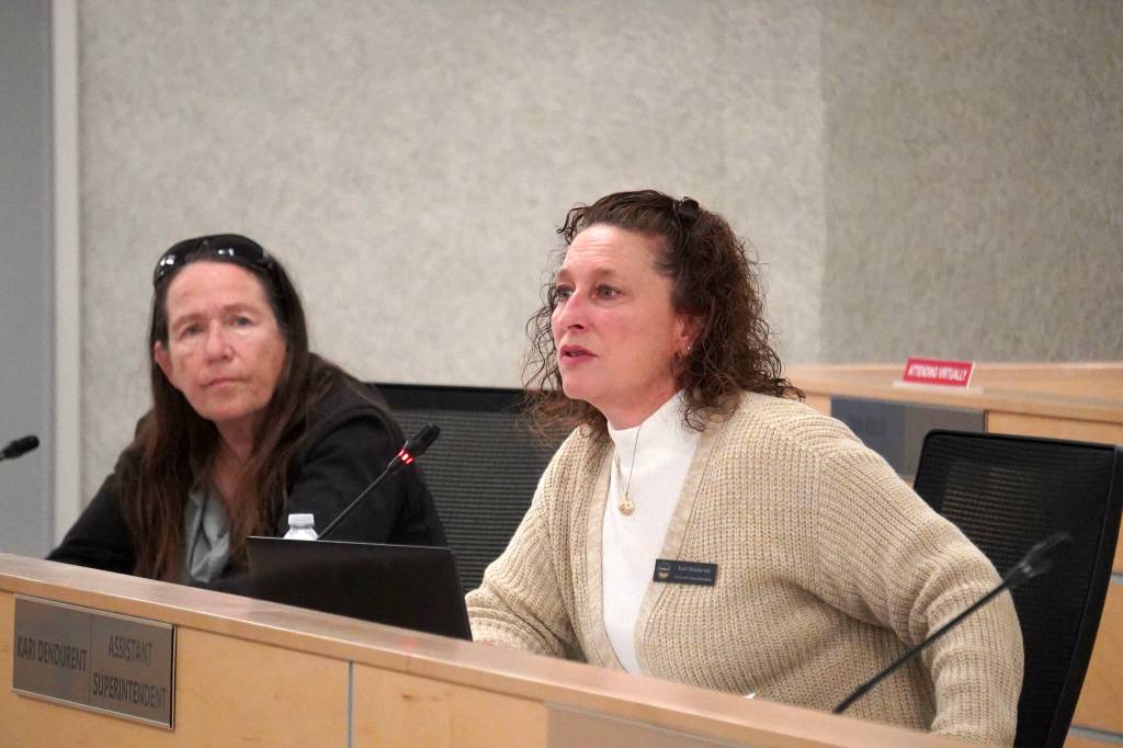 Kenai Peninula Borough School District Assistant Superintendent Kari Dendurent speaks during a meeting of the Kenai Peninsula Borough School District Charter Oversight Committee in Soldotna, Alaska, on Monday, Oct. 21, 2024. (Jake Dye/Peninsula Clarion)