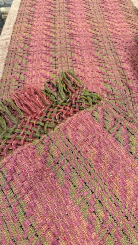 This shawl woven by Bonita Banks is on display through November in an exhibit by Banks and Lisa Talbott of Kindred Spirits Weaving Studio at Grace Ridge Brewing in Homer, Alaska. Photo provided by Kindred Spirits Weaving Studio