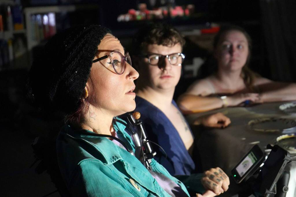 Maggie Winston and the cast of Intuition Salons shadow cast of Rocky Horror Picture Show rehearse in Kenai, Alaska, on Monday, Oct. 21, 2024. (Jake Dye/Peninsula Clarion)