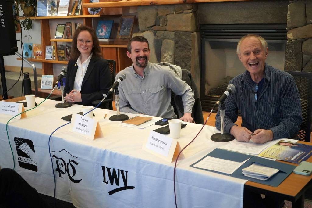 State House District 6 candidates Rep. Sarah Vance, Dawson Slaughter and Brent Johnson participate in a candidate forum hosted by the Peninsula Clarion and KBBI 890 AM at the Homer Public Library in Homer, Alaska, on Tuesday, Oct. 29, 2024. (Jake Dye/Peninsula Clarion)