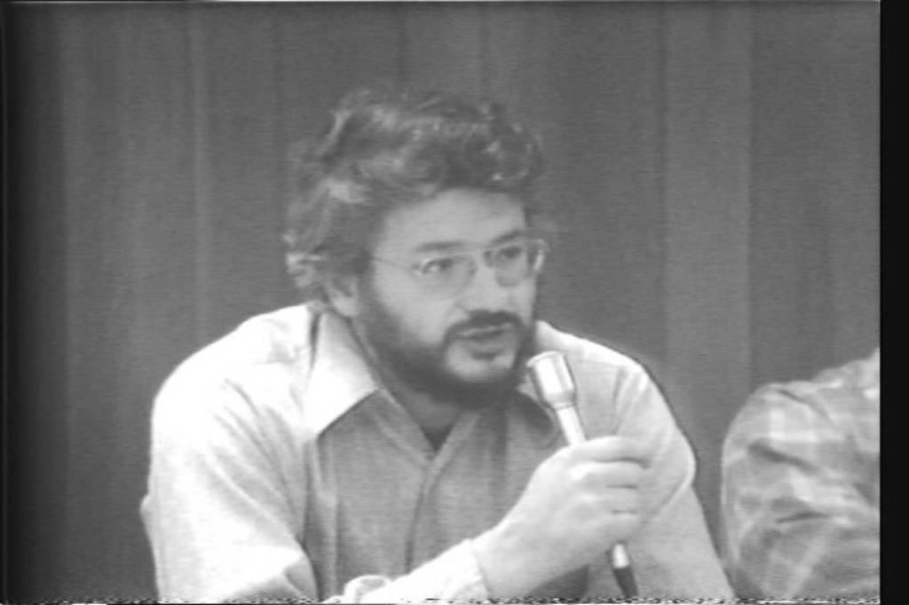 Historian Claus Naske speaks at the first Kenai Peninsula history conference held at Kenai Central High School on Nov. 7-8, 1974<ins>,</ins><ins> in Kenai, </ins><ins>Alaska</ins>. Photo provided by Shana Loshbaugh