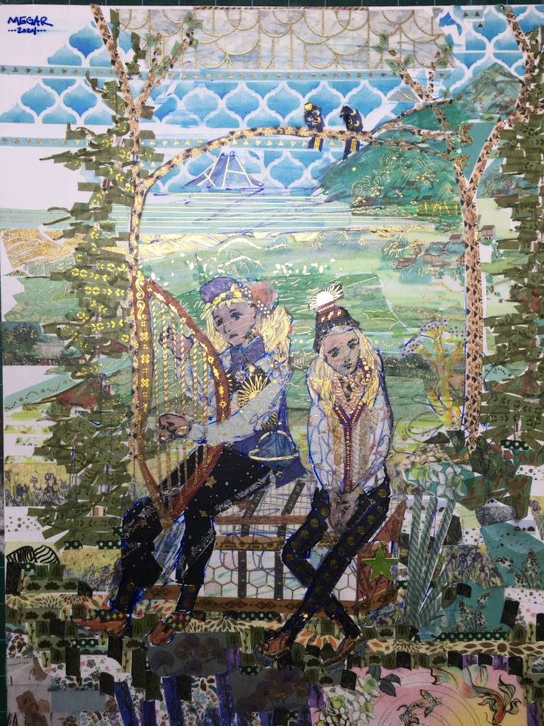 Songbirds is a pen and ink, acrylic paint, and washi tape collage made by Homer artist Megan Frost in the summer of 2024. It is currently on display in her solo exhibit at the Homer Public Library in Homer, Alaska. Photo provided by Megan Frost