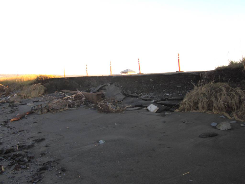 Erosion damage caused on the Homer Spit Road by a severe storm event in October is photographed on Thursday, Oct. 17, 2024 in Homer, Alaska. Photo by Bryan Hawkins