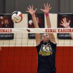 Soldotna's Sadie Lane attacks against Kenai Central's Sophie Tapley and Ellsi Miller on Friday, Nov. 1, 2024, at Kenai Central High School in Kenai, Alaska. (Photo by Jeff Helminiak/Peninsula Clarion)