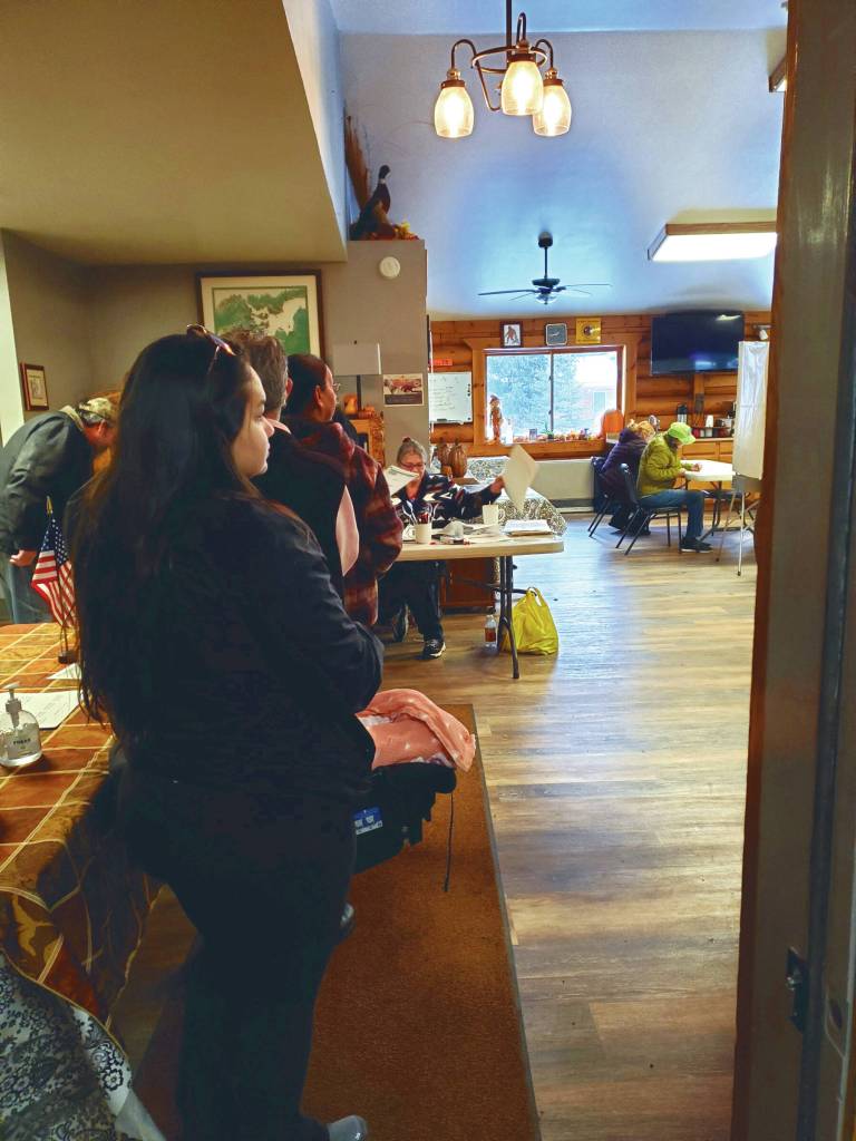 Voters wait in line to receive their ballots at the Anchor Point Community and Senior Center, the polling location for the Anchor Point precinct, on Tuesday, Nov. 5<ins>, 2024, in Anchor Point, Alaska</ins>. (Delcenia Cosman/Homer News)