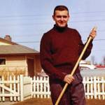 Harold Galliett, the sole survivor of a 1965 Cordova Airlines crash into Tustumena Lake, is seen here raking his lawn in 1958. (Photo courtesy of the Galliett Family Collection)