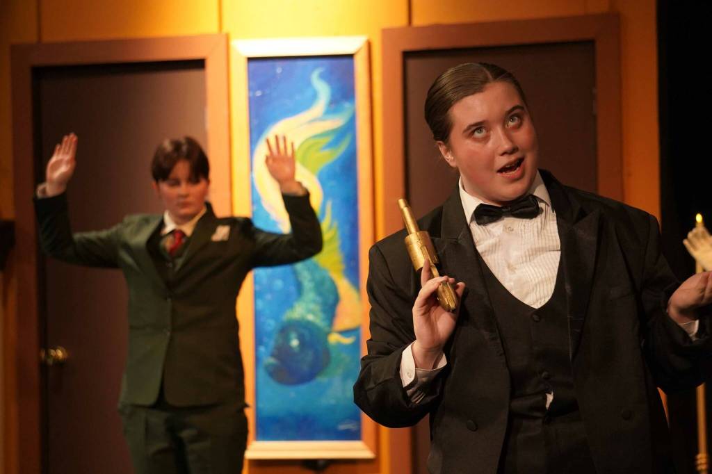 Angel Wagner, as Wadsworth, rehearses Seward High School Theatre Collectives Clue at Seward High School in Seward, Alaska, on Thursday, Nov. 7, 2024. (Jake Dye/Peninsula Clarion)