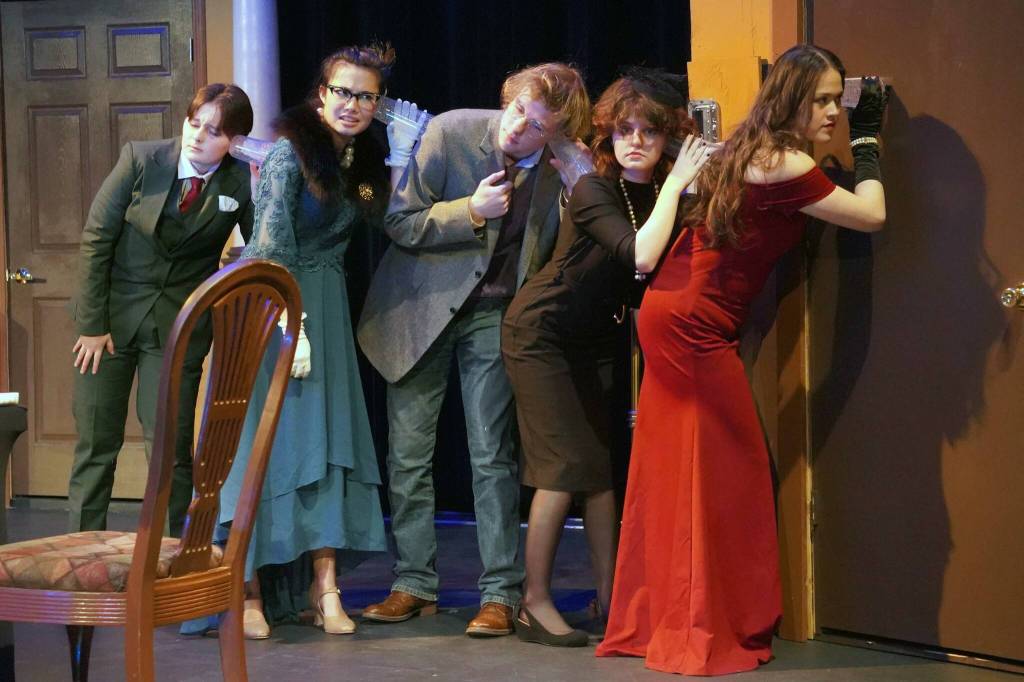 The cast of Seward High School Theatre Collectives Clue rehearse at Seward High School in Seward, Alaska, on Thursday, Nov. 7, 2024. (Jake Dye/Peninsula Clarion)