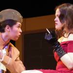 Lily Miles-Dafoe, as Colonel Mustard, and Somi Clendaniel, as Miss Scarlet, rehearse Seward High School Theatre Collectives Clue at Seward High School in Seward, Alaska, on Thursday, Nov. 7, 2024. (Jake Dye/Peninsula Clarion)