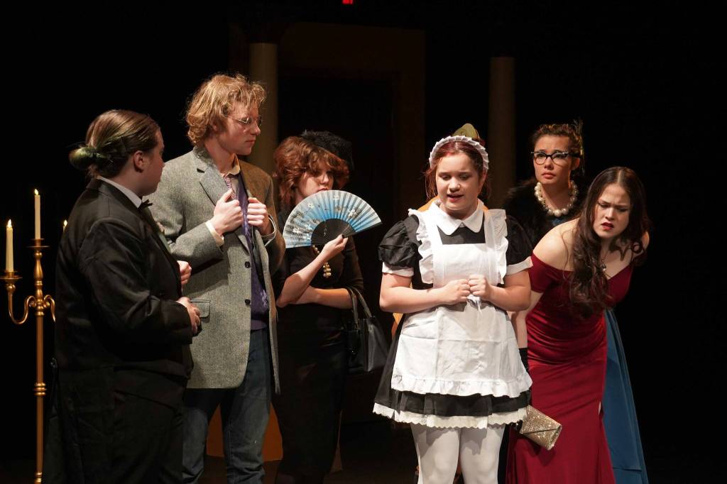The cast of Seward High School Theatre Collectives Clue rehearse at Seward High School in Seward, Alaska, on Thursday, Nov. 7, 2024. (Jake Dye/Peninsula Clarion)