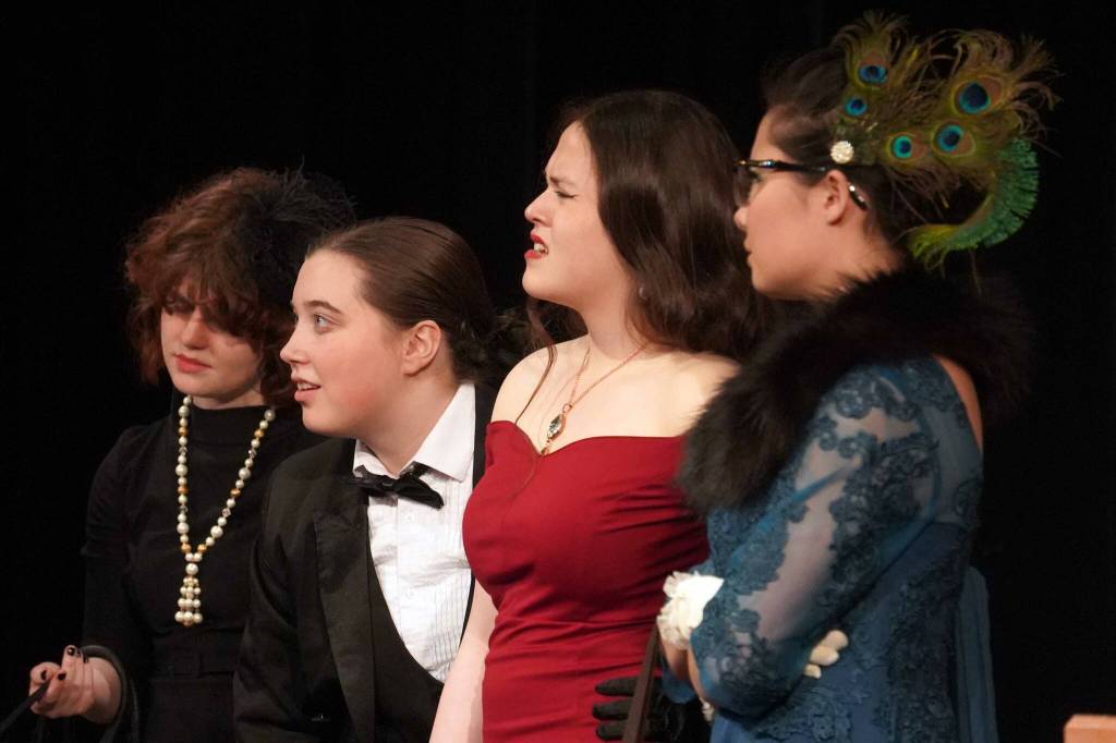 The cast of Seward High School Theatre Collectives Clue rehearse at Seward High School in Seward, Alaska, on Thursday, Nov. 7, 2024. (Jake Dye/Peninsula Clarion)