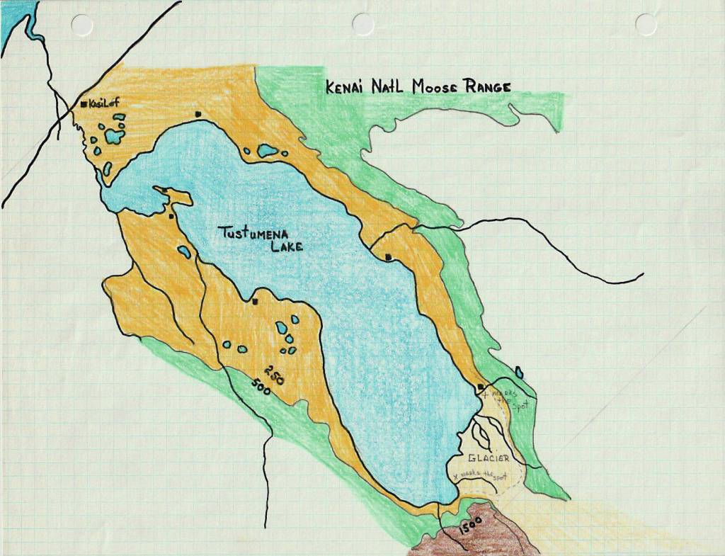 This map of Tustumena Lake was created in 1975 by John Dolph as he planned an Alaska adventureand delayed honeymoonfor himself and his wife Kerri. On the upper end of the lake, Dolph had penciled in two prospective camping sites. (Map courtesy of Kerri Copper)