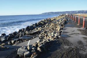 Erosion damage to the southbound lane of Homer Spit Road is seen on Monday, Nov. 18<ins>, 2024</ins>, following a storm event on Saturday<ins> in Homer, Alaska</ins>. (Delcenia Cosman/Homer News)