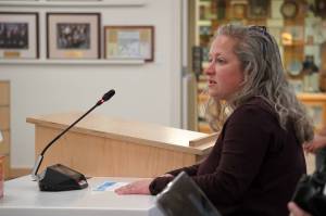 Lindsay Bear, a member of the Chapman School Site Council, speaks to the Kenai Peninsula Borough Assembly in Soldotna, Alaska, on Tuesday, Nov. 12, 2024. (Jake Dye/Peninsula Clarion)