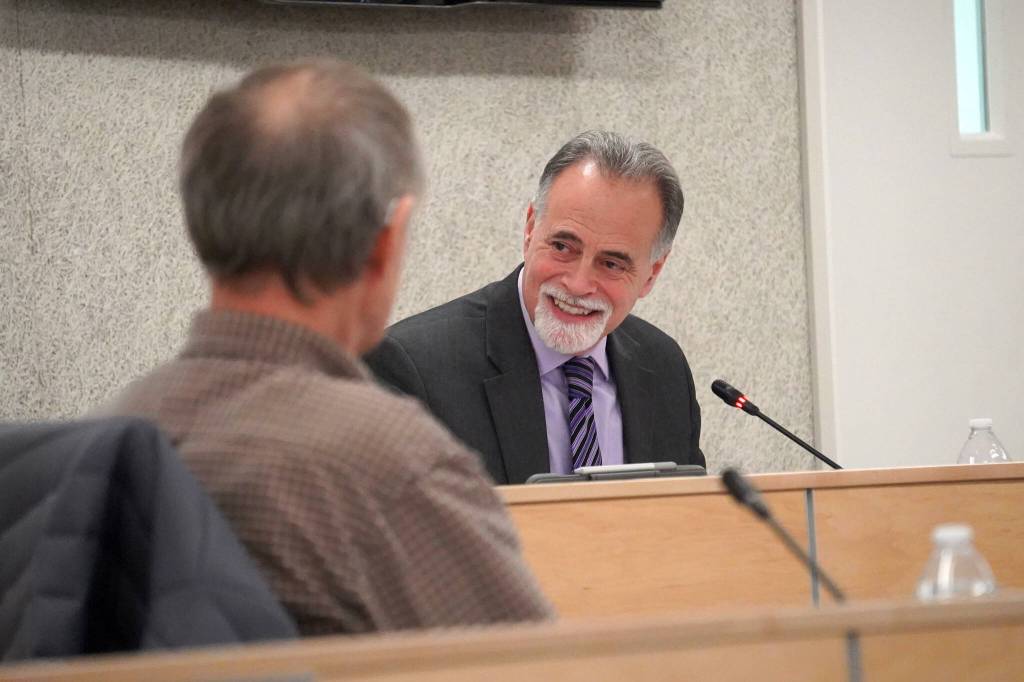 Kenai Peninsula Borough Mayor Peter Micciche speaks during a meeting of the Kenai Peninsula Borough Assembly in Soldotna, Alaska, on Tuesday, Nov. 12, 2024. (Jake Dye/Peninsula Clarion)