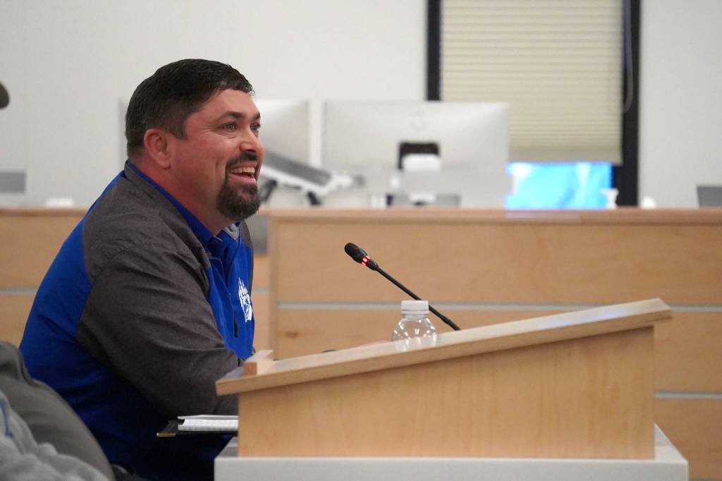 Aurora Borealis Charter School Principal Cody McCanna speaks during a special meeting of the Kenai Peninsula Borough School Districts Board of Education in Soldotna, Alaska, on Monday, Nov. 18, 2024. (Jake Dye/Peninsula Clarion)