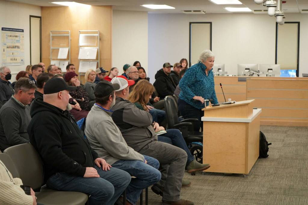 Suzanne Phillips, who formerly was a teacher at Aurora Borealis Charter School, speaks during a special meeting of the Kenai Peninsula Borough School Districts Board of Education in Soldotna, Alaska, on Monday, Nov. 18, 2024. (Jake Dye/Peninsula Clarion)