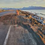 The southbound lane of Homer Spit Road, which was damaged by the Nov. 16 storm surge, is temporarily repaired with gravel and reopened on Thursday, Nov. 21<ins>, 2024, in Homer, Alaska</ins>. (Delcenia Cosman/Homer News)