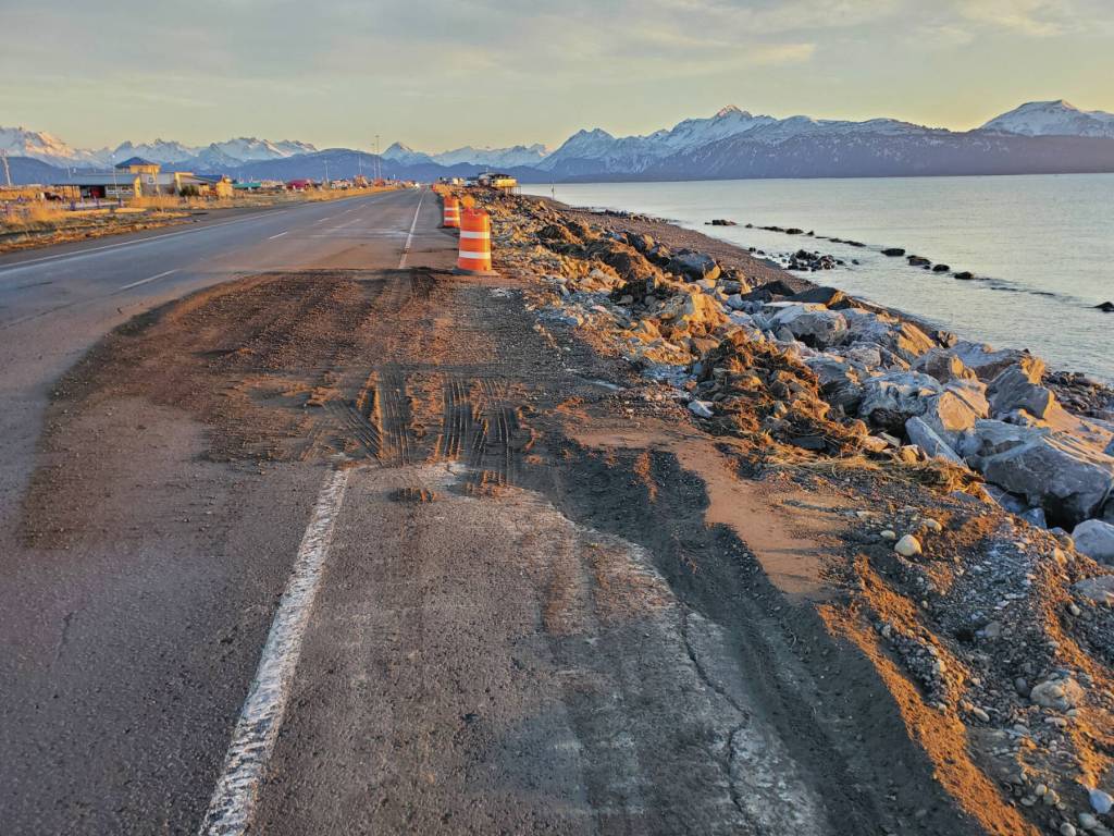 The southbound lane of Homer Spit Road, which was damaged by the Nov. 16 storm surge, is temporarily repaired with gravel and reopened on Thursday, Nov. 21, 2024, in Homer, Alaska. (Delcenia Cosman/Homer News)