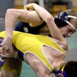 Soldotnas Sam Henry battles Lathrops Tanner Rhoton in the 103-pound final of the Colony Invitational on Saturday, Nov. 23, 2024, at Colony High School in Palmer, Alaska. (Photo by Jeremiah Bartz/Frontiersman)