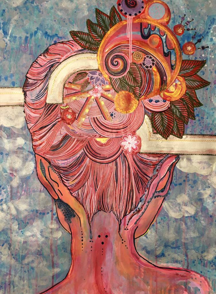 Self Portrait by Megan Frost is made from acrylic paint, inkjet ink and foil tape and is on display in her solo exhibit through December at Grace Ridge Brewing in Homer, Alaska. Photo provided by Grace Ridge Brewing