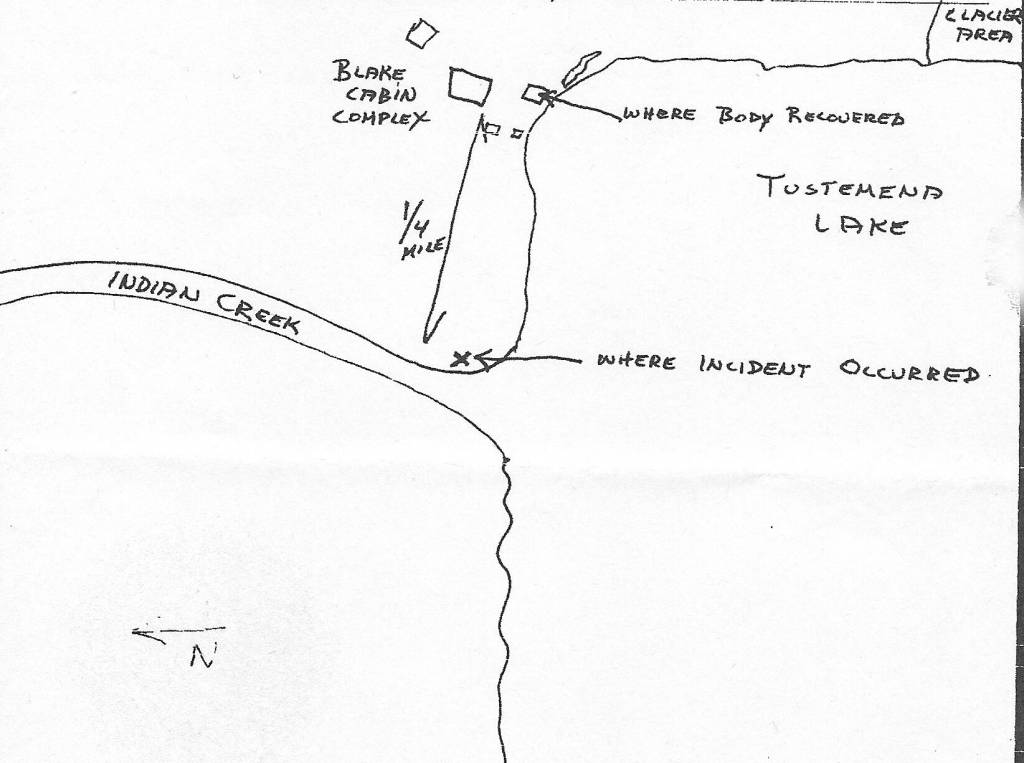 The Alaska State Troopers investigation report of John Dolphs accidental death in June 1975 contained this sketch made by Officer Thomas Sumey.