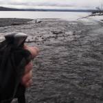 The mouth of Indian Creek in the spring, when the water is shallow and clear. By summertime, it runs faster and is more turbid. The hand and trekking pole at lower left belong to Jim Taylor, who provided this photograph.