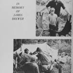 These two pages from Kaknu, the 1976 yearbook for Kenai Central High School, were dedicated to KCHS teacher James Brewer, who drowned with his son Byron and Soldotna teacher Stephen Koch in August 1975. The man smoking the pipe and standing with moose antlers is Brewer; his son is in front of him.