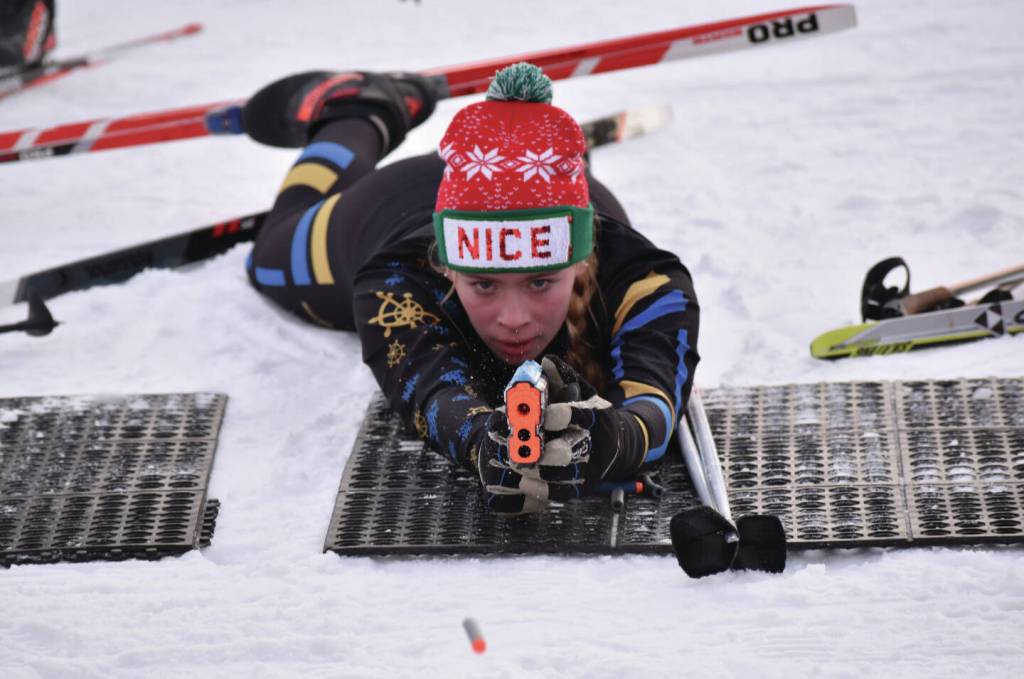 Homers Swift Blackstock takes a shot at the Candy Cane Scramble on Friday, Dec. 20 at Tsalteshi Trails just outside of Soldotna. (Photo by Jeff Helminiak/Peninsula Clarion)
