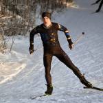 Homer's Leif Jaworski takes the early lead in going on to win the boys race at the Candy Cane Scramble on Friday, Dec. 20, 2024, at Tsalteshi Trails just outside of Soldotna, Alaska. (Photo by Jeff Helminiak/Peninsula Clarion)