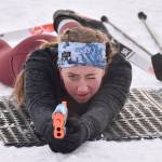 Seward's Katie Van Buskirk takes a shot at the Candy Cane Scramble on Friday, Dec. 20, 2024, at Tsalteshi Trails just outside of Soldotna, Alaska. (Photo by Jeff Helminiak/Peninsula Clarion)