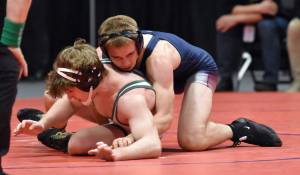 Soldotnas Michael Dickinson wrestles to a 10-1 major decision against Colonys Tristen Mayer in the final at 152 pounds at the Division I state wrestling tournament Saturday, Dec. 21, 2024, at the Alaska Airlines Center in Anchorage, Alaska. (Photo by Jeff Helminiak/Peninsula Clarion)