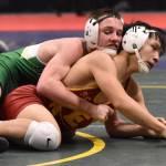Sewards Ridge Conant wrestles to a technical fall against Mt. Edgecumbes Evan Andrew in the final at 119 pounds at the Division II state wrestling tournament Saturday, Dec. 21, 2024, at the Alaska Airlines Center in Anchorage, Alaska. (Photo by Jeff Helminiak/Peninsula Clarion)