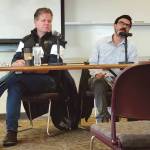 Doyon, Limited senior vice president and chief financial officer Patrick Duke (left) and operations manager Zach Dunlap (right) answer audience questions during the members-only luncheon hosted by the Homer Chamber of Commerce on Wednesday, March 6, 2024 at Kachemak Bay Campus in Homer, Alaska. (Delcenia Cosman/Homer News)