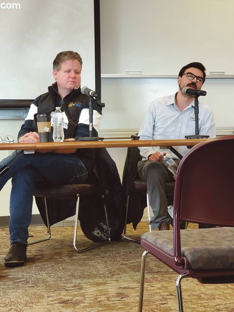 Doyon, Limited senior vice president and chief financial officer Patrick Duke (left) and operations manager Zach Dunlap (right) answer audience questions during the members-only luncheon hosted by the Homer Chamber of Commerce on Wednesday, March 6, 2024 at Kachemak Bay Campus in Homer, Alaska. (Delcenia Cosman/Homer News)