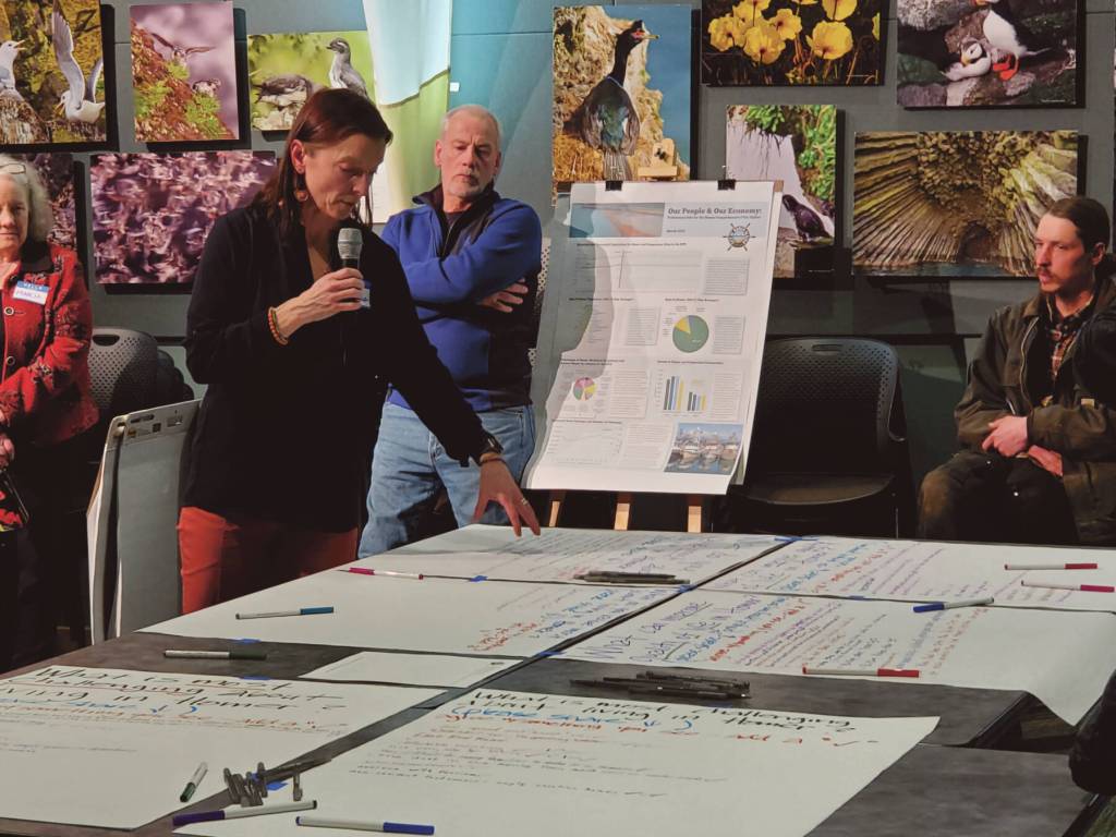 Delcenia Cosman/Homer News
Agnew::Beck project consultant Shelly Wade explains the public feedback process at the Comprehensive Plan Open House on Thursday, March 28, 2024 at the Alaska Maritime National Wildlife Refuge Visitor Center auditorium in Homer, Alaska.