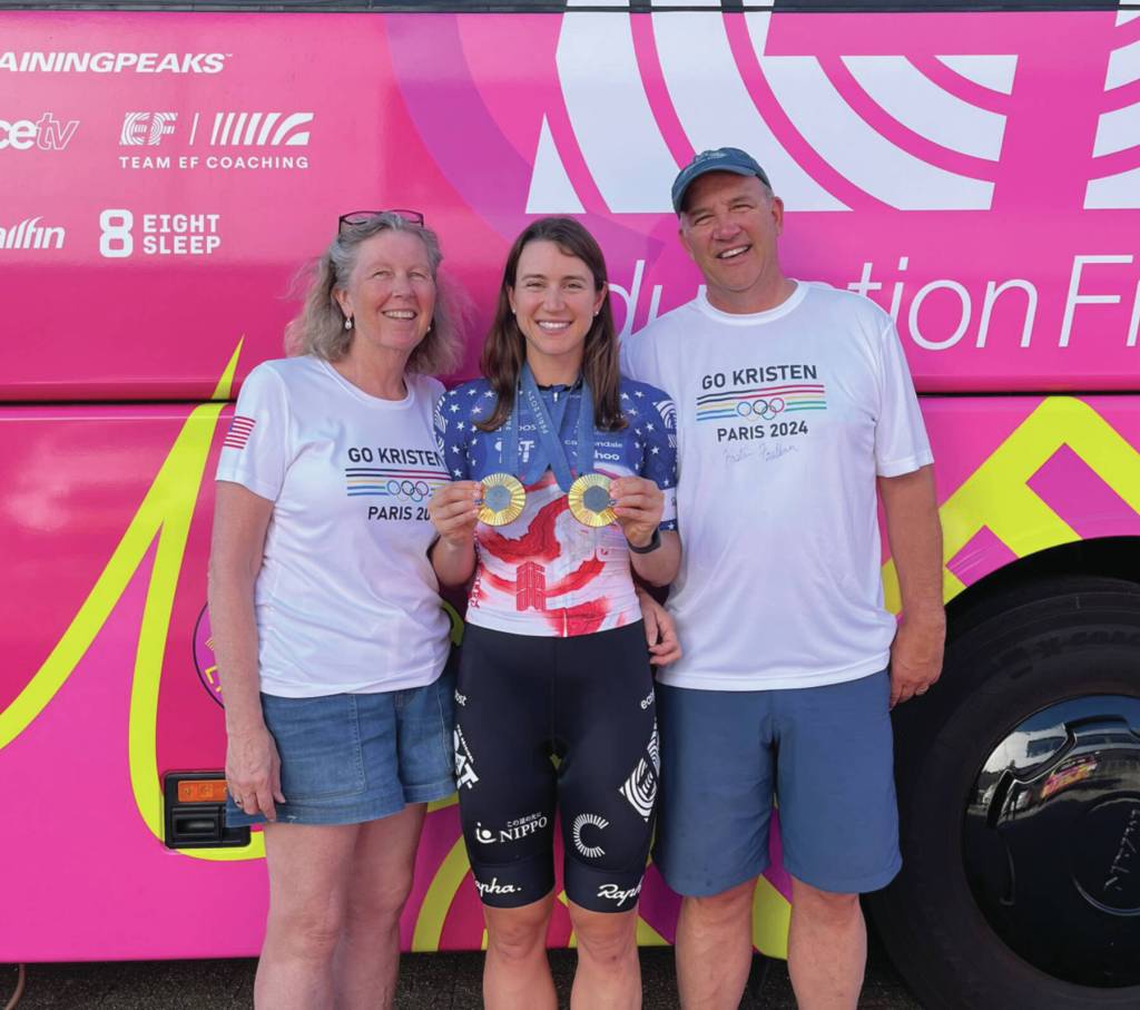 Sara, Kristen and Jon Faulkner pose with Kristens two gold medals at the 2024 Olympics in Paris, France. Photo provided by Jon Faulkner.