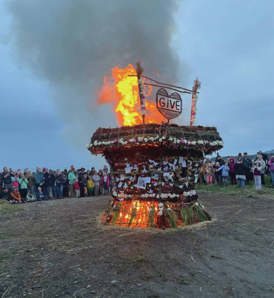 The 2024 community Burning Basket fire was ignited at sundown on Sunday, Sept. 8. 2024 the Mariner Park on the Homer Spit. (Emilie Springer/ Homer News)