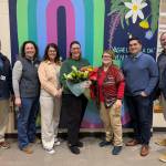 KPBSD Human Resources Director Nate Crabtree, KPBSD Assistant Superintendent Kari Dendurent, Nikiski North Star Principal Jenna Fabian, Mountain View Assistant Principal Aubrie Ellis, KPBSD Board of Education Member Patti Truesdell, Rep. Justin Ruffridge and KPBSD Superintendent Clayton Holland stand for a photo after Ellis was named National Outstanding Assistant Principal of 2025 by the Alaska Association of Elementary School Principals at Mountain View Elementary School in Kenai, Alaska, on Friday, Jan. 10, 2025. (Jake Dye/Peninsula Clarion)