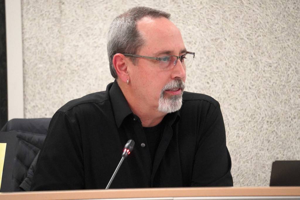 President Zen Kelly speaks during a meeting of the Kenai Peninsula Borough School District Board of Education in Soldotna, Alaska, on Monday, Jan. 13, 2025. (Jake Dye/Peninsula Clarion)