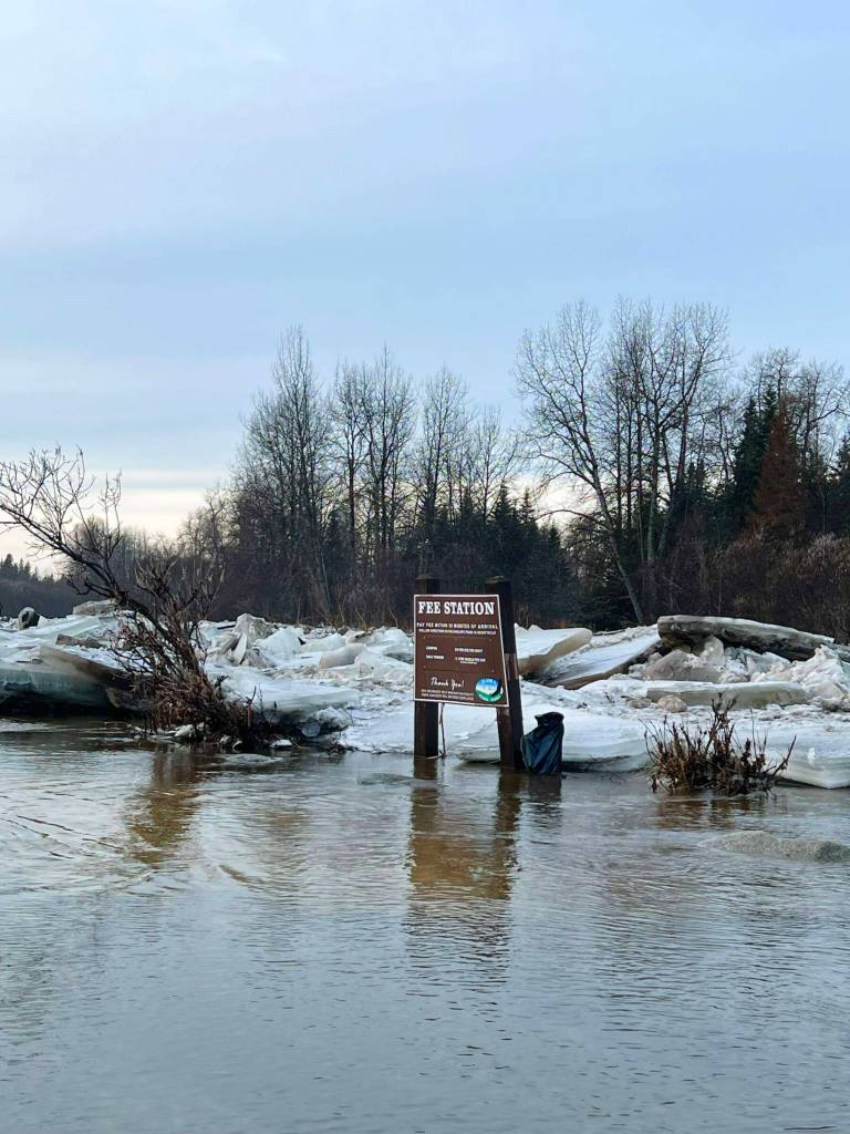 An ice dam on the Anchor River caused flooding in the Anchor River State Recreation Area, impacting both the campgrounds and Anchor River Road, on Monday, Jan. 13, 2025, in Anchor Point, Alaska. Photo courtesy of Tim Hatfield